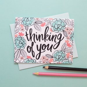 Thinking of you black and white flowers, Sympathy, You are not alone, Floral, Flowers, Illustration, Notecards, Greeting Card, Handlettered image 1