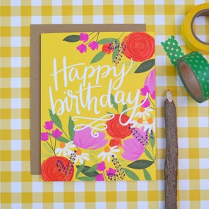 Happy Birthday, yellow, pretty floral birthday card, Celebrate Birthday Card, painted flowers, Greeting Card, hand lettered, wildflowers image 1