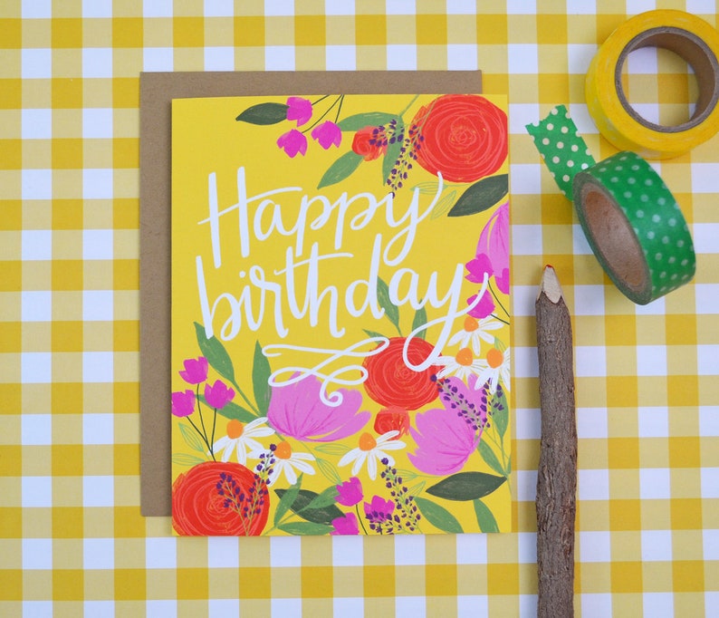 Happy Birthday, yellow, pretty floral birthday card, Celebrate Birthday Card, painted flowers, Greeting Card, hand lettered, wildflowers image 1