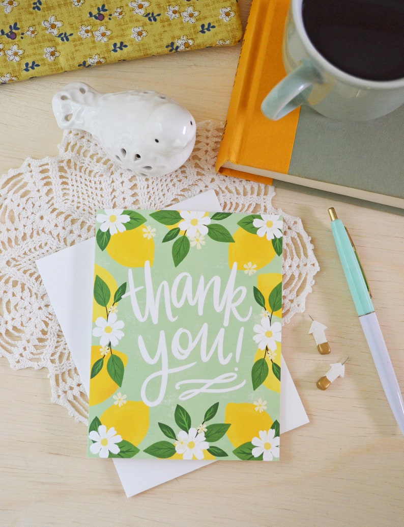 Thank you lemons, Thank you card, Floral, Garden, Spring, Notecards, Greeting Card, many thanks image 1
