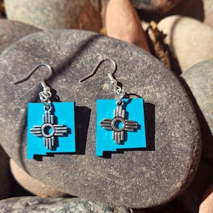 New Mexico Turquoise Color State with Zia Charm Earrings