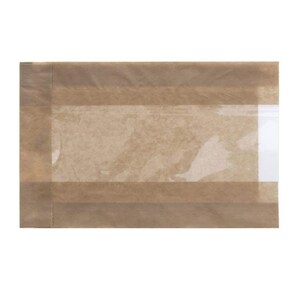 May include: A brown paper bag with a clear window on the front. The bag is rectangular and has a seam on the left side. The paper has a slightly textured appearance.