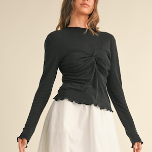 Fitted Long Sleeve Top- Women&#39;s Fine Knit Shirt- Ruched Elegant Scallop Tee- Minimalist Simple Black Blouse TShirt- Dressy Tops for Women