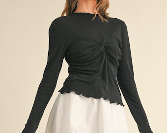 Fitted Long Sleeve Top- Women's Fine Knit Shirt- Ruched Elegant Scallop Tee- Minimalist Simple Black Blouse TShirt- Dressy Tops for Women