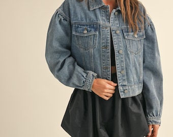 Long sleeve puff blue denim jacket for women