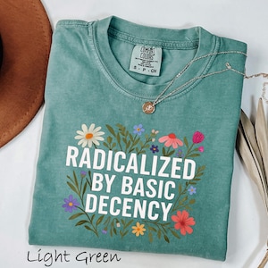 May include: A light green short-sleeve t-shirt featuring the white text RADICALIZED BY BASIC DECENCY surrounded by a colorful floral graphic. The shirt has a crew neckline and a Comfort Colors brand label inside the collar, size small.