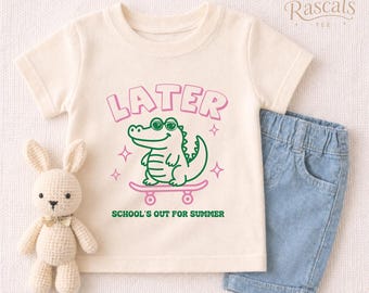 Later Alligator School's Out for Summer Kids Shirt — Funny Skateboarding Alligator Last Day of School Tee, Summer Break Student Gift