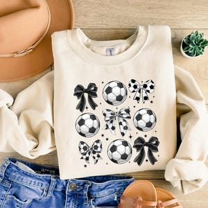 Coquette Soccer Sweatshirt — Bow and Ball Graphic Crewneck, Soccer Mom Gift, Aesthetic Game Day Shirt for Women image 1