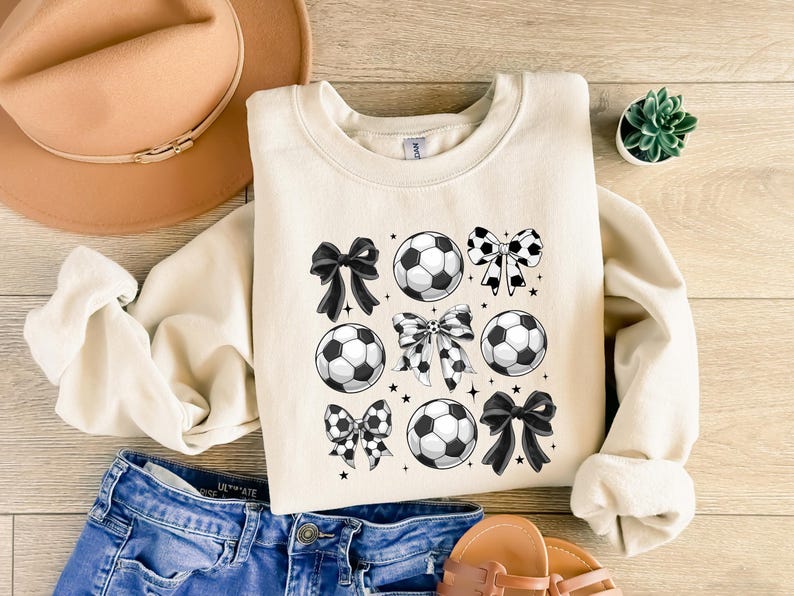 Coquette Soccer Sweatshirt — Bow and Ball Graphic Crewneck, Soccer Mom Gift, Aesthetic Game Day Shirt for Women image 1