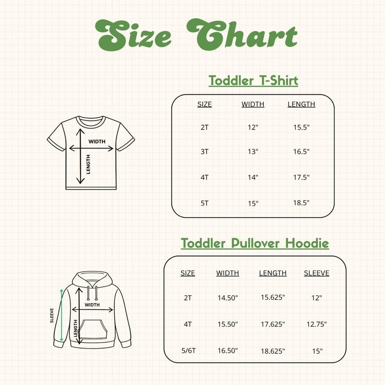 The image is a size chart for a toddler t-shirt and a toddler pullover hoodie, providing measurements for different age groups.