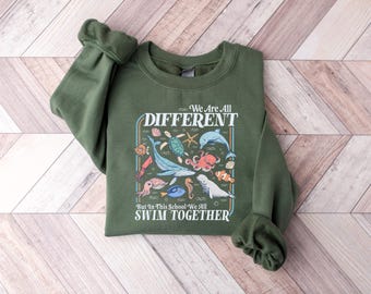 We Are All Different Swim Together Shirt, Teacher T-Shirt Back to School 2026, Inclusive Ocean Animals Tee, Teacher Appreciation Sweatshirt