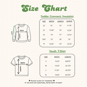 The image is a size chart for a toddler crewneck sweatshirt and a youth t-shirt. It provides measurements for different age groups, including width, length, sleeve size, and waist size. The chart includes illustrations of the sweatshirt and t-shirt to help visualize the measurements. The text at the bottom encourages viewers to allow 454° tolerance and offers assistance if needed.