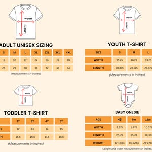 four different size charts for children's clothing, including a toddler t-shirt and a youth t-shirt. The charts provide measurements in inches for the width and length of the shirts.