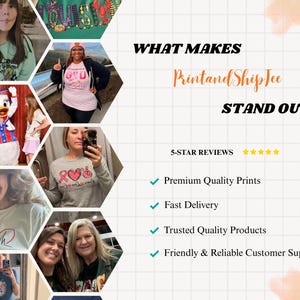The image is a collage of various photos featuring people, likely showcasing a brand or product. The collage includes images of people taking photos, as well as images of the brand or product itself. The text highlights the brand's features, such as 5-star reviews, premium quality prints, fast delivery, trusted quality products, and friendly and reliable customer support. The collage does not contain any text, but rather showcases images of people and the brand or product.