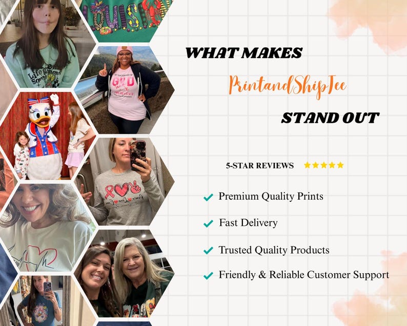 The image is a collage of various photos featuring people, likely showcasing a brand or product. The collage includes images of people taking photos, as well as images of the brand or product itself. The text highlights the brand's features, such as 5-star reviews, premium quality prints, fast delivery, trusted quality products, and friendly and reliable customer support. The collage does not contain any text, but rather showcases images of people and the brand or product.