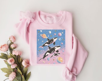 Cosmic Orca Sweatshirt, Space Whale Shirt, Pastel Galaxy Tee, Ocean Aesthetic T-Shirt, Dreamy Wildlife Art, Gifts for Her, Weirdcore