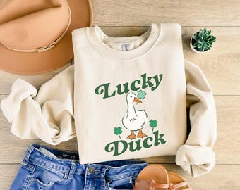 Lucky Duck St. Patrick's Day Sweatshirt — Funny Shamrock Crewneck, St. Paddy's Day Gift for Her, Cute Duck Graphic Tee