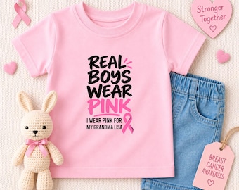 Custom Real Boys Wear Pink Toddler Shirt, Breast Cancer Awareness Kids Tee, Personalized Pink Ribbon T-Shirt