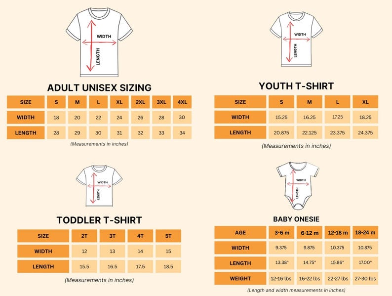 four different size charts for children's clothing, including a toddler t-shirt, an adult unisex t-shirt, a youth t-shirt, and a baby onesie. The charts provide measurements in inches for each size, ranging from small to large, and indicate the corresponding width in inches.