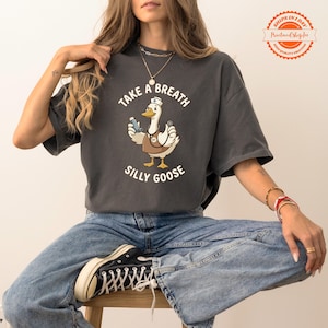 May include: Dark gray t-shirt featuring a cartoon goose dressed as a nurse, holding an inhaler and stethoscope. The text reads "TAKE A BREATH SILLY GOOSE". The shirt is a relaxed fit.