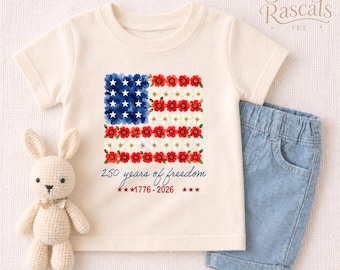 America 250th Anniversary Floral Flag Kids Tee, Patriotic Toddler Shirt, 4th of July Sweatshirt