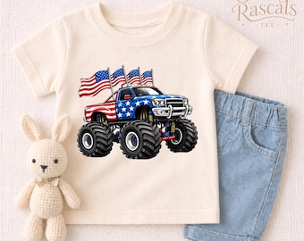 Patriotic Monster Truck Kids Shirt, 4th of July Toddler Tee, Independence Day T-Shirt