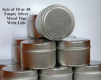 Empty Metal Tins With Lids, 4 Oz Tins Sets of 10 or 48, Round Tins, Small Metal Tins, Empty Candle Favor SpiceTins