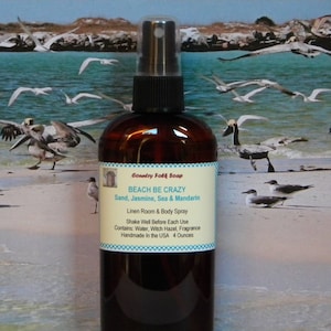 BEACH BE CRAZY Body Spray Sand, Jasmine, Sea & Mandarin, Natural Body Mist, Beach Body Mist, Beach Room Spray, Beach Linen Spray