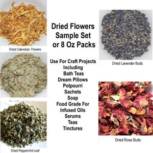 Dried Flowers Lavender Buds Calendula Eucalyptus Rose Buds n Petals  Peppermint, Sample Sets Or 8 oz