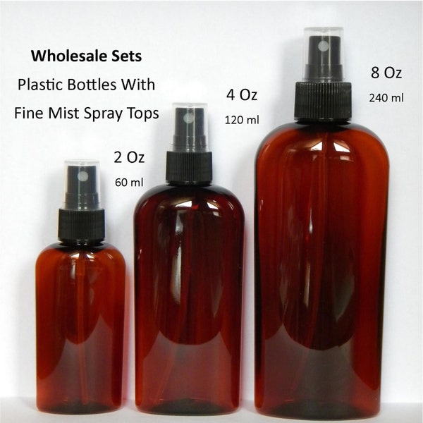 Plastic Spray Bottles, 2 Oz Bottles, 4 Oz Bottles, 8 oz Bottles, Empty Spray Bottle Wholesale Set, Amber Brown Atomizer Spray Bottles