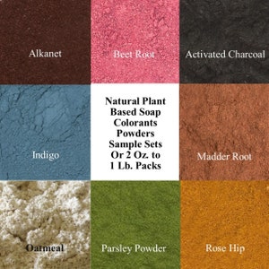 Natural Soap Colors, Sample Set Soap Colorants Supplies, Vegetable Powders Charcoal Alkanet Beet Root Indigo Madder Orange Rose Hip Parsley