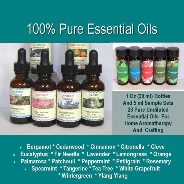 Pure Essential Oils Sample Sets or 1 oz Bottle Lavender Peppermint Eucalyptus Lemongrass Tea Tree Orange Citronella Clove Cinnamon Patchouli