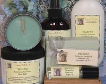 TREE SPIRIT Eucalyptus Spearmint Soap Gift Set - Handmade Bath Gift - Soap, Lotion, Candle & Body Room Spray, Unisex Men Women Gifts Set