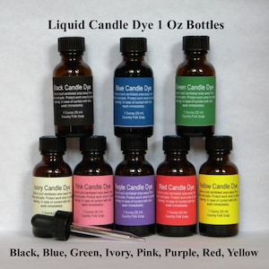 May include: Eight 1-ounce bottles of liquid candle dye in various colors: black, blue, green, ivory, pink, purple, red, and yellow. Each bottle has a label with the color name and instructions for use.