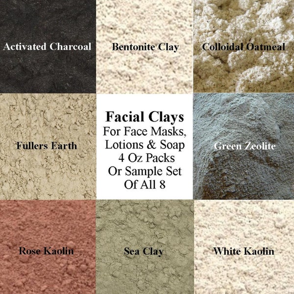 Facial Clay, Cosmetic Clay Sample Set, Rose Kaolin Clay, French Green Clay, Sea Clay, Bentonite Clay, Fullers Earth Clay, Green Zeolite Clay