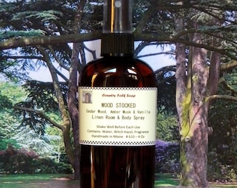 WOOD STOCKED Cedar Wood Home Fragrance Spray with Amber Musk & Vanilla - Linen Room Spray