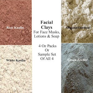 Facial Clay, Cosmetic Clay Sample Set, Rose & White Kaolin Clay, French Green Clay,  Green Zeolite Clay
