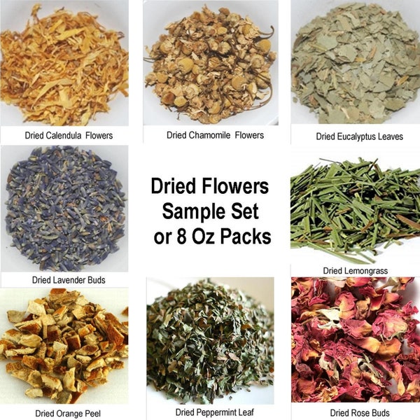 Dried Flowers Lavender Buds Calendula Chamomile Eucalyptus Lemongrass Rose Buds n Petals Orange Peel Peppermint, Sample Sets Or 8 oz