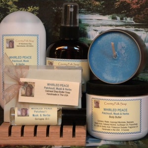WHIRLED PEACE Herbal Patchouli Blend Bath Gift Set, Mother's Day Gift Set Handmade Soap Body Butter Body Mist Candle Cologne Lotion
