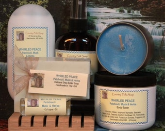 WHIRLED PEACE Herbal Patchouli Blend Bath Gift Set, Mother's Day Gift Set Handmade Soap Body Butter Body Mist Candle Cologne Lotion