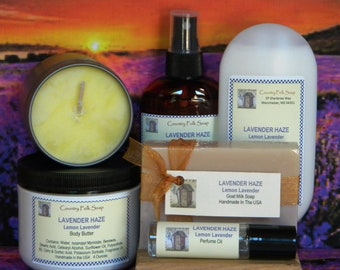 LAVENDER HAZE Lemon Lavender Scented Soap Lotion Perfume Candle Gift Set For Mothers Day, Gifts For Mom Grandmom Wife Sister Friends