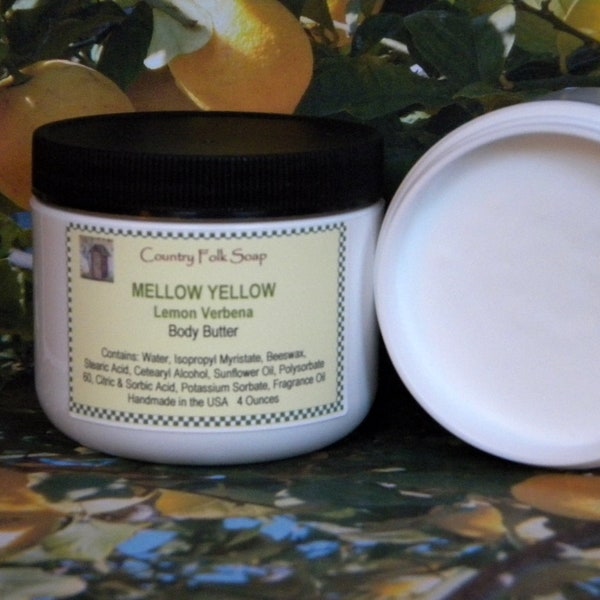 MELLOW YELLOW Lemon Verbena Scented Body Butter Cream, Hypoallergenic Nut-Free Body Butter Made With Beeswax and Sunflower Oil
