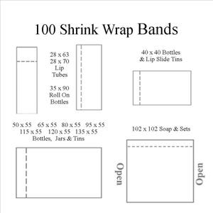 Plastic Shrink Wrap Bands For Lip Balm Gloss Tubes Bottles Jars and Soap 28x63 35x90 40x40 80x55 102x102 and More