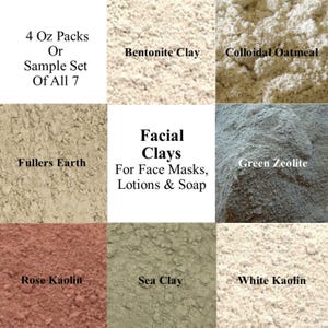 Facial Clay, Cosmetic Clay Sample Set, Rose Kaolin Clay, French Green Clay, Sea Clay, Bentonite Clay, Fullers Earth Clay, Green Zeolite Clay