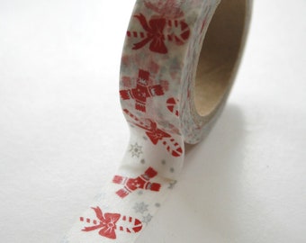 Washi Tape - 15mm - Red and Grey Candy Canes and Crackers on White - Deco Paper Tape No. 458