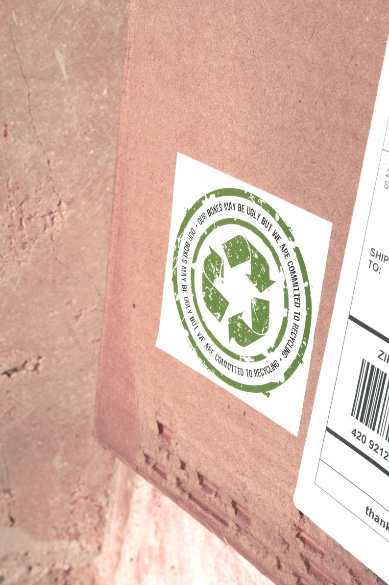 Let Your Customer Know You Recycle Glossy UV QTY 500 Ugly Boxes Sticker 3 x 3 Stickers