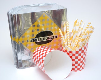 Vintage Style Foil Paper Lined Jumbo Cheeseburger Bags - Yellow and Black Checkered - Gusseted 6-1/2 x 1-1/2 x 7-3/4 Inches - set of 25