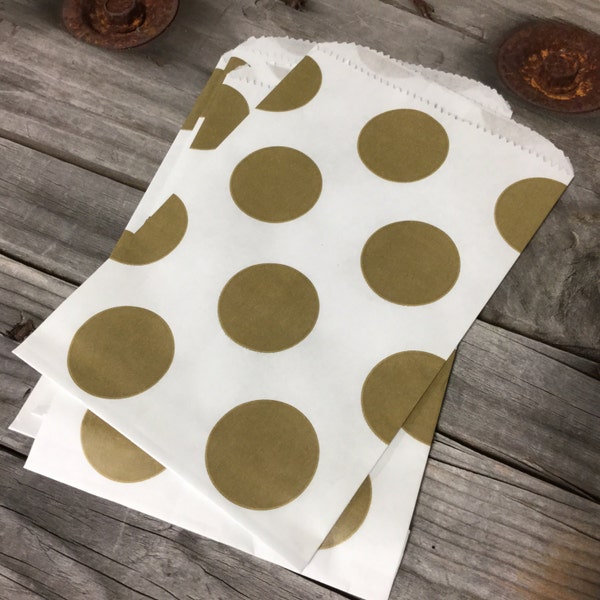 Set of 25  - Gold Shimmer Dot Pattern on White Kraft Merchandise Paper Bags - 4 3/4 x 6 3/4 Inches