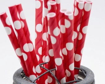 Reverse Dot White Dot on Red Paper Straws - Perfect for Parties - Favors- Festive and Fun Addition