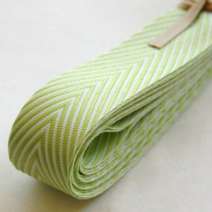 May include: A green and white chevron ribbon with a subtle sheen. The ribbon is folded and rolled up, showing the pattern and texture.